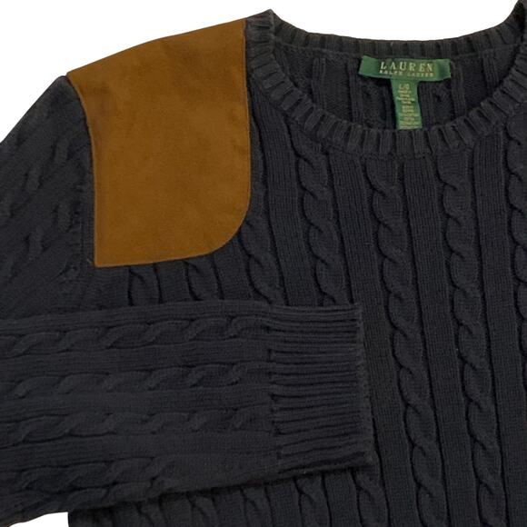 Lauren Ralph Lauren Womens Sweater Large Navy Cable Knit Brown Suede-Like Patch - Picture 3 of 11